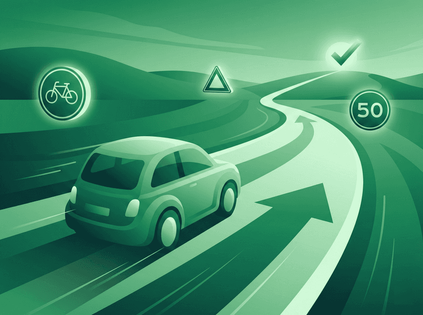 a modern, dynamic vector illustration of a learner sitting at a desk using a laptop, with floating simplified Dutch road signs, a car silhouette, and a bicycle lane icon around them.