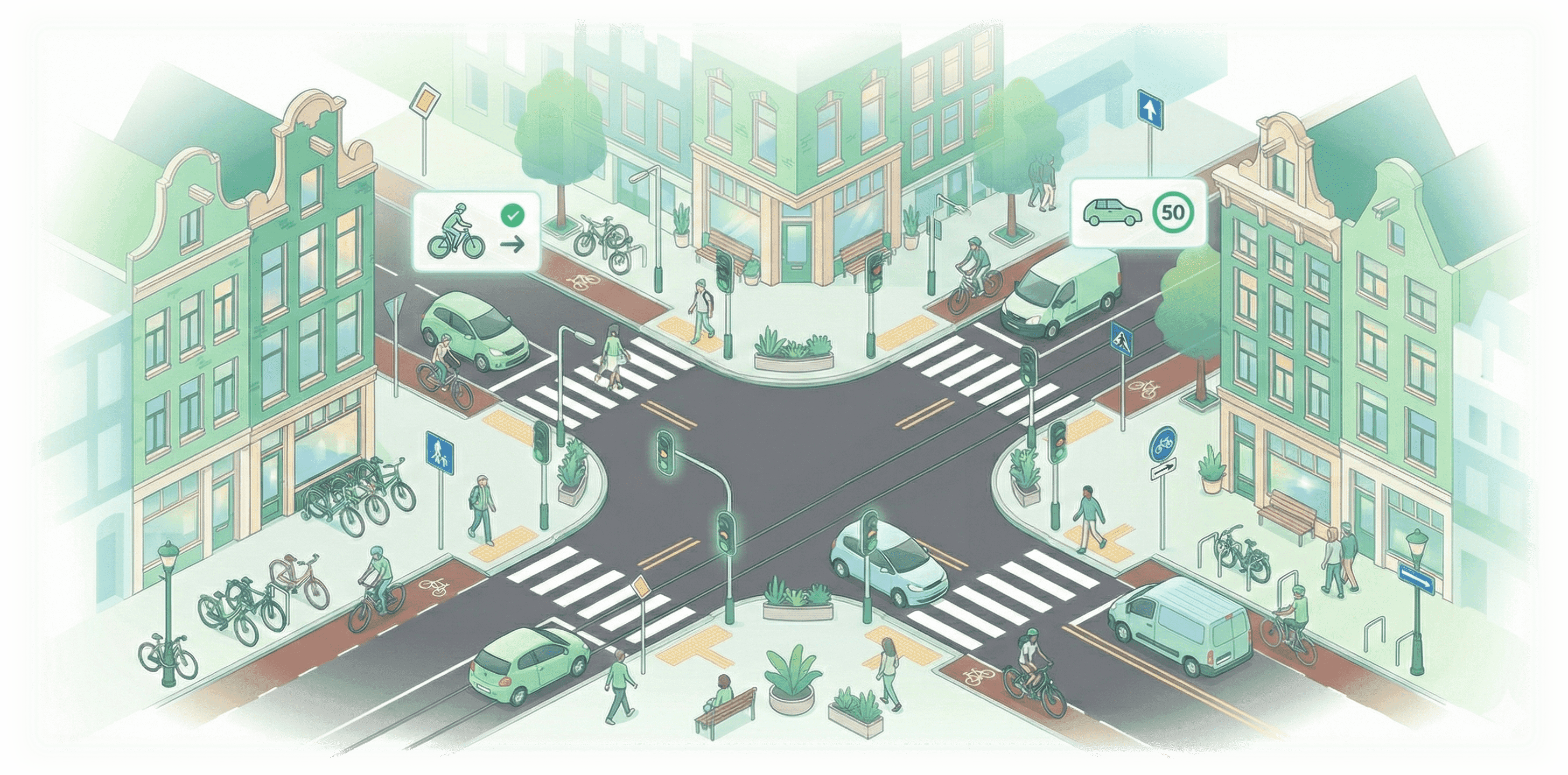 A bright, modern vector illustration of a Dutch road intersection with cars, cyclists, and pedestrians, showing clear road markings and typical Dutch infrastructure, with a subtle cityscape backdrop