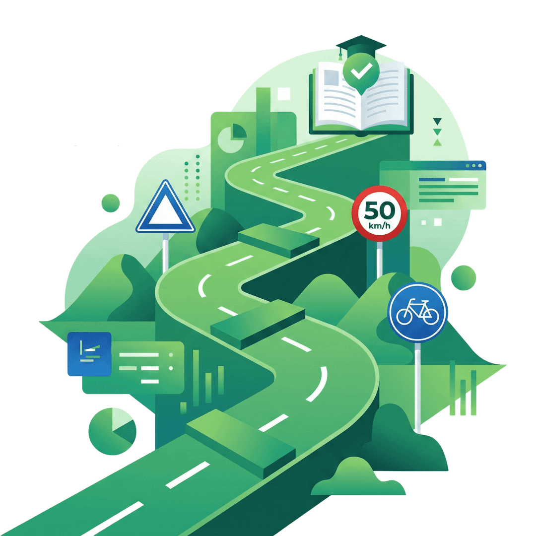a modern, dynamic vector illustration of a learner sitting at a desk using a laptop, with floating simplified Dutch road signs, a car silhouette, and a bicycle lane icon around them.
